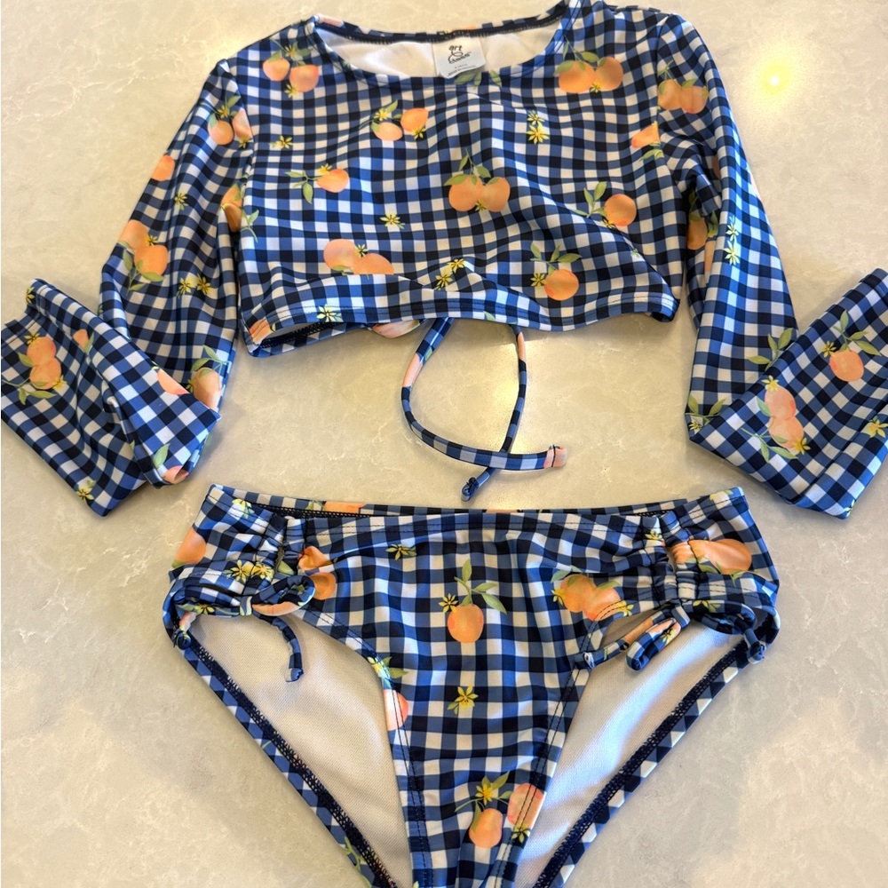 Art Class Girls Blue Gingham and Peaches Two Piece Swimsuit